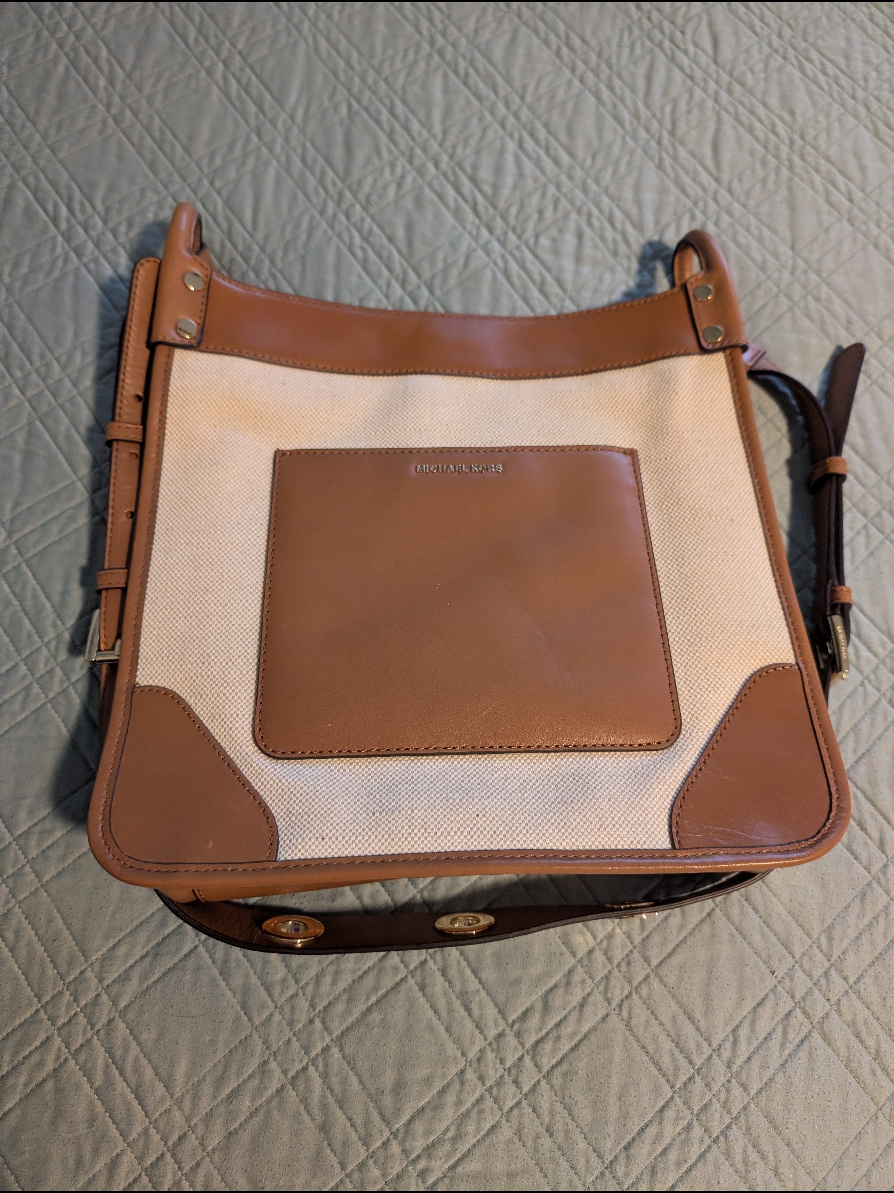Michael Kors Tan And Cream Canvas Crossbody Tote